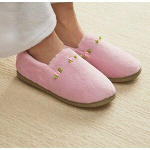 Pink Plush Rosebud Slippers Womens 10W Wide Fleece House Shoes Floral Accents